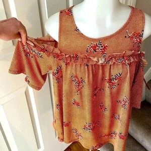 Size M burnt orange and flower cold shoulder flowy top from LC by Lauren Conrad